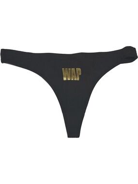 💞 New Women’s Size Medium Black Thong Panties with Sparkly Gold “WAP” Graphic